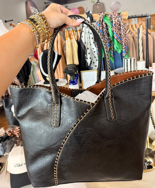 Black Contrast Stitch Tote Bag