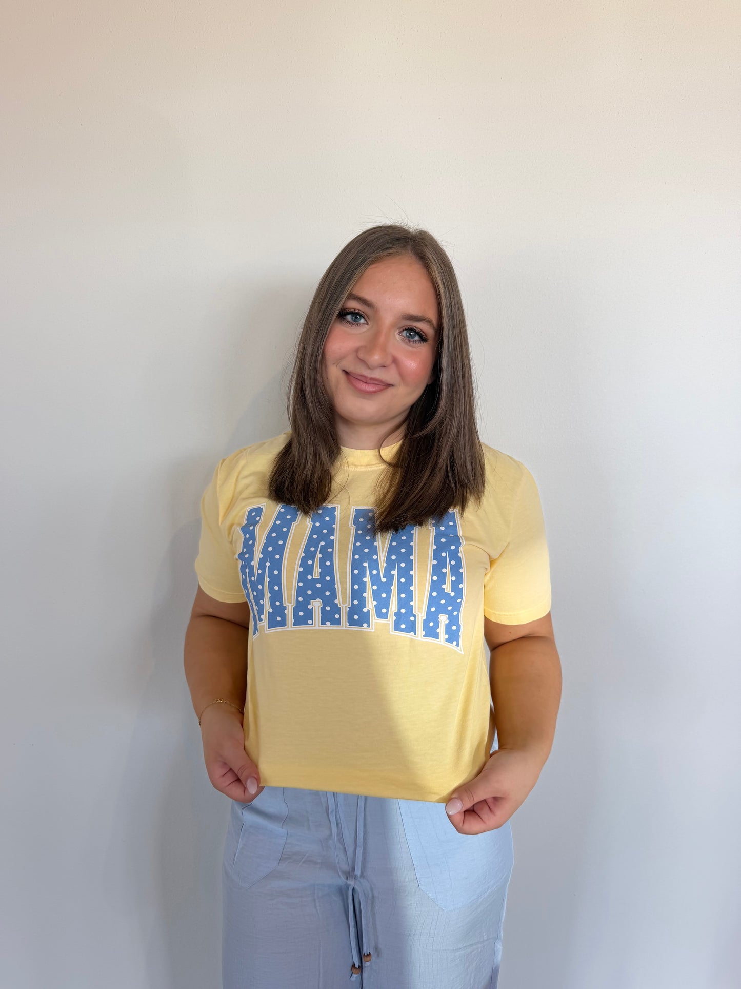 Mama Blue Polka Dot Graphic Tee- Butter Yellow
