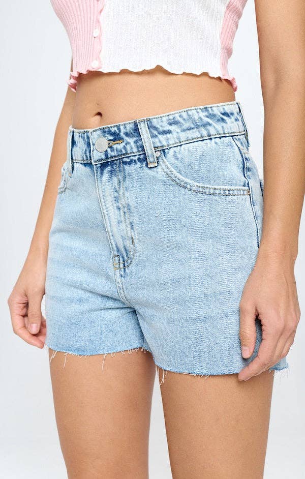 High Rise Frey Hen Denim Shorts- Light Wash