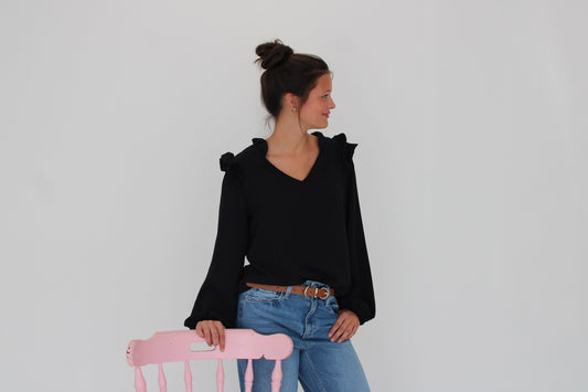 Windsor V Neck Blouse- Black