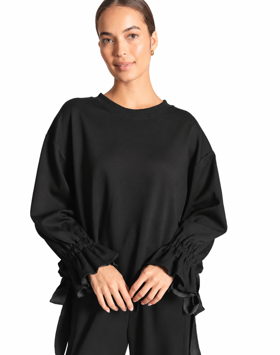 Rouged Sleeve Scuba Top - Black