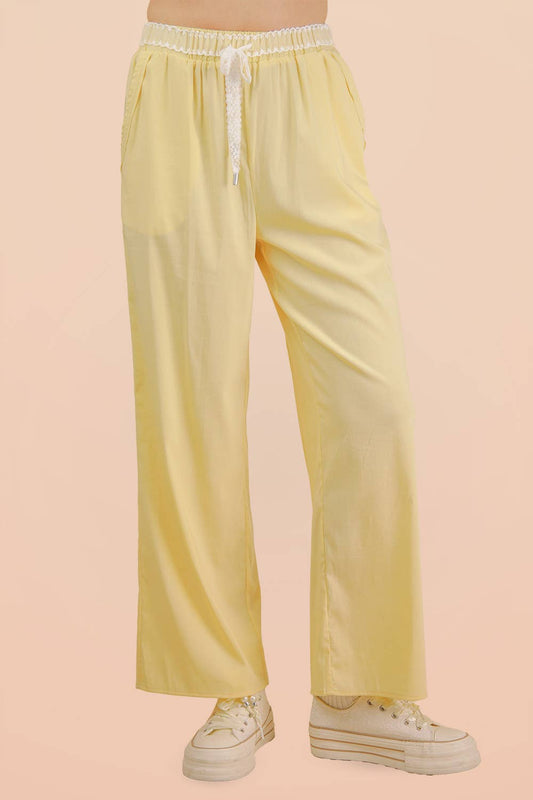 Lace Trim Detail Knit Pants- Butter Yellow