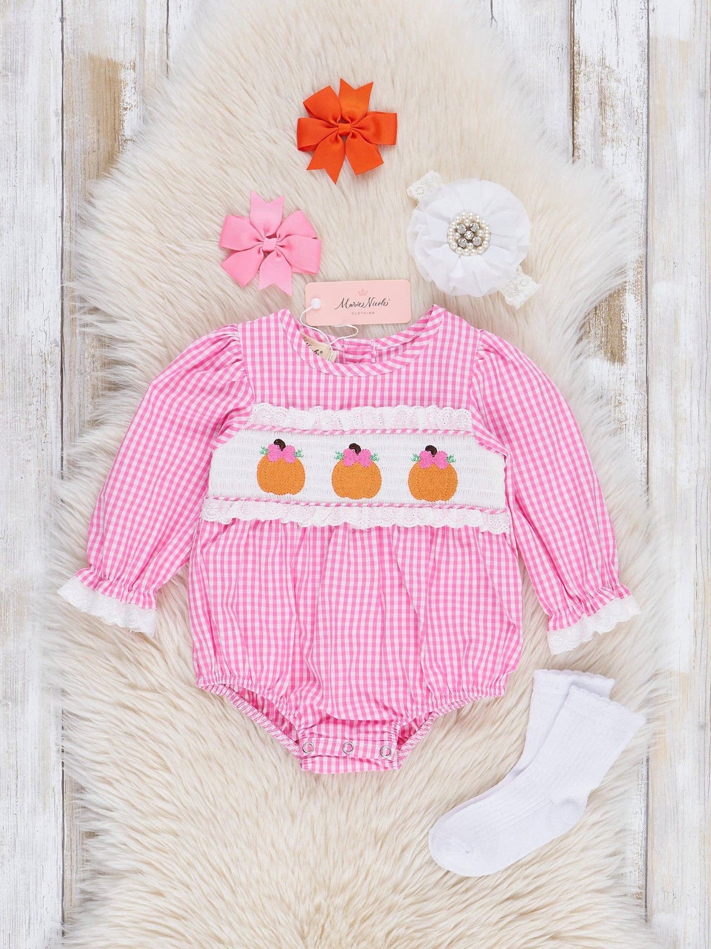Pink Gingham Smocked Pumpkin Ruffle Bubble
