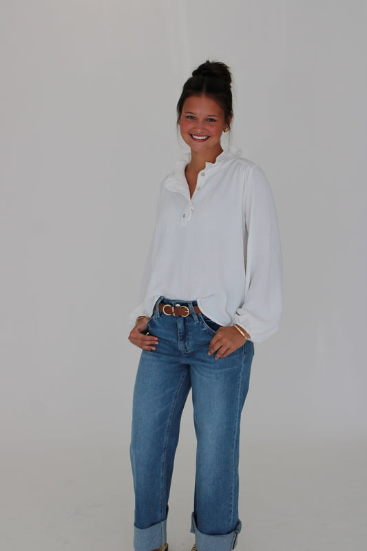Hampton Knit Ruffle Neck Top- Ivory