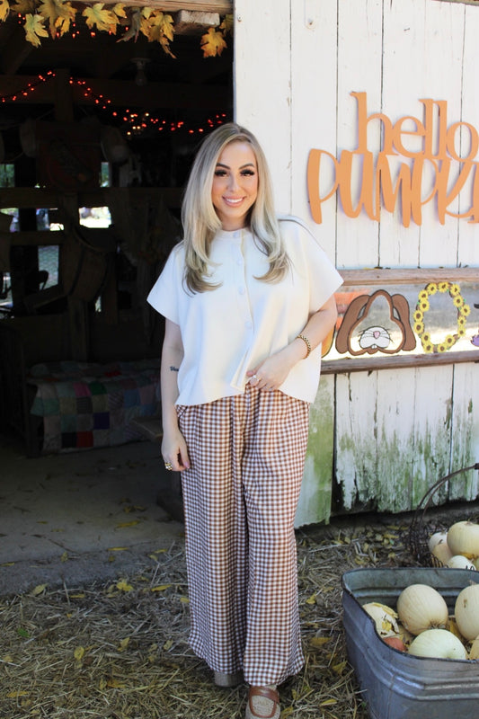 Picnic Days Scalloped Gingham Pants- Taupe
