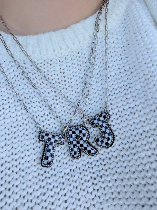 Checkered Initial Necklace - Silver