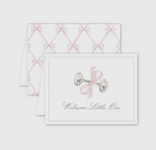 Welcome Little One Card- Pink Rattle