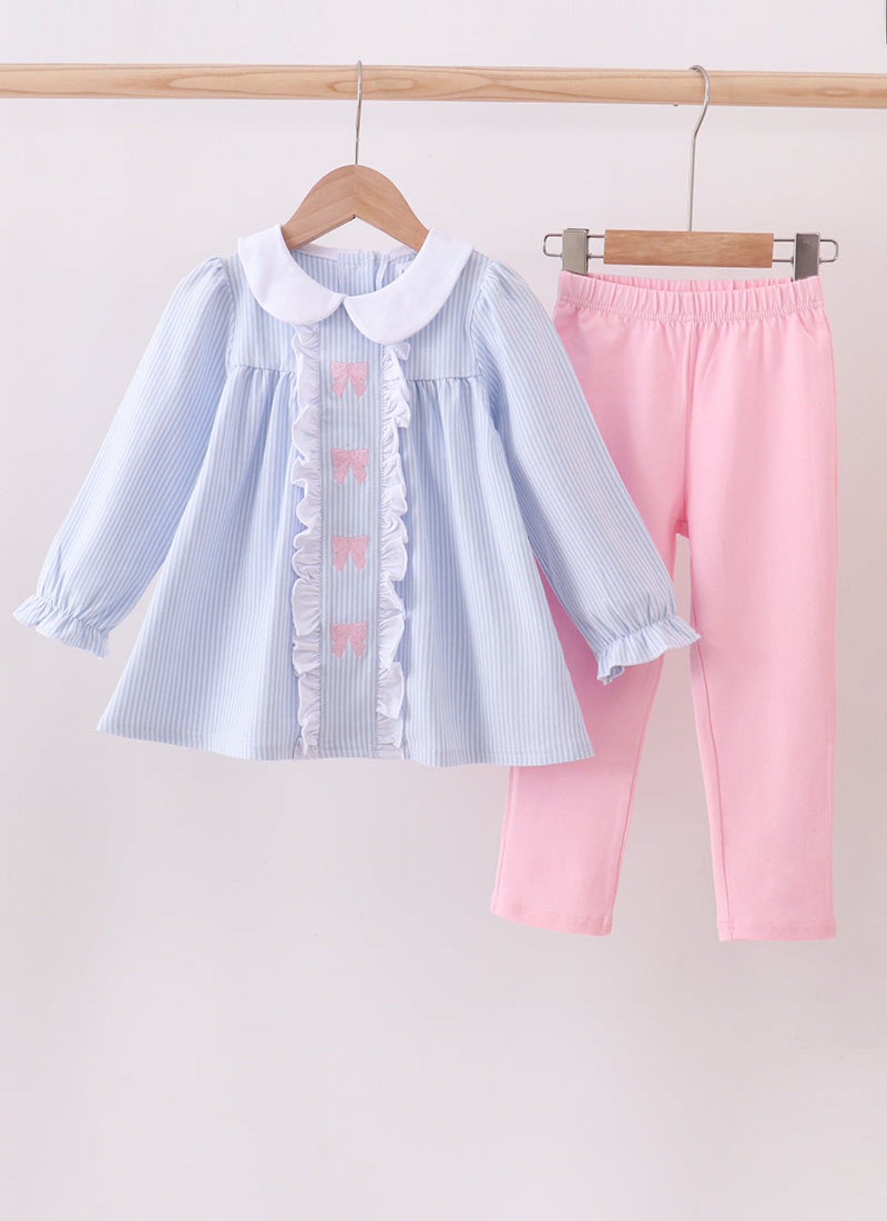 Striped Bow Collared Pant Set