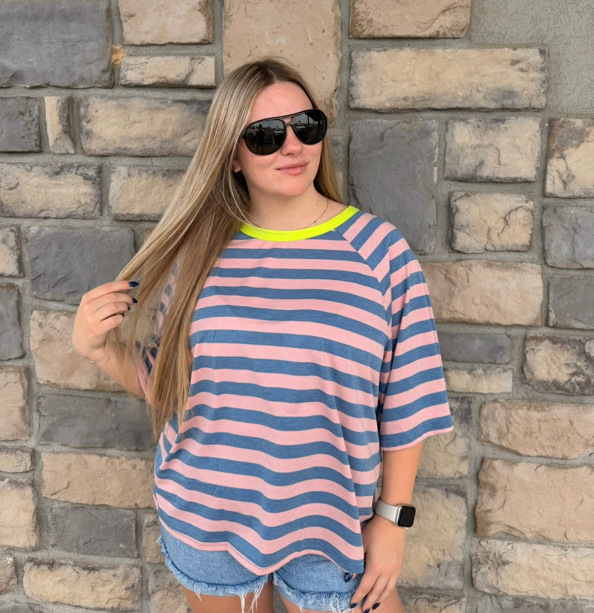 Pink and Blue Striped Boxy Tee