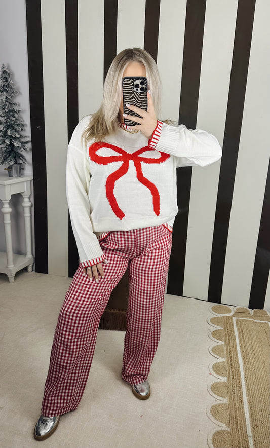 Statement Gingham Wide Leg Pants-Red