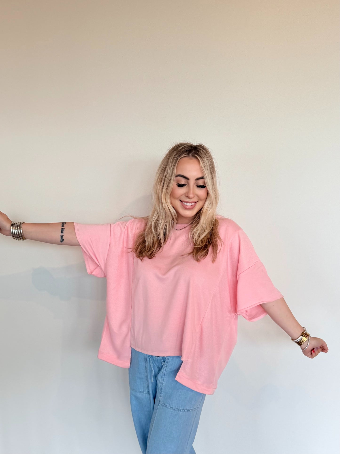 Oversized Patch Hem Top- Pink