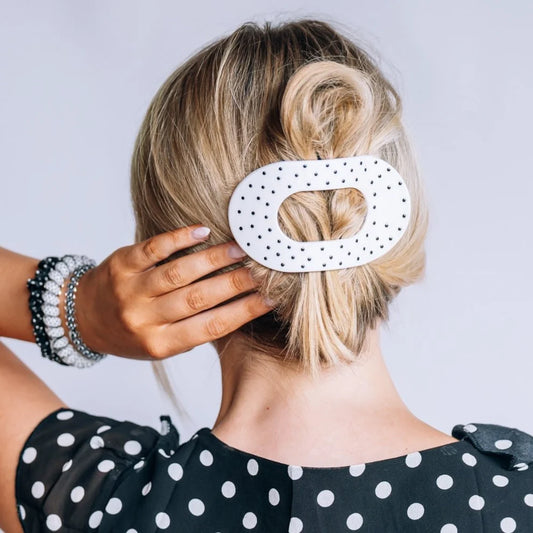 White Polka Dot Party Large Flat Round Hair Clip - Large