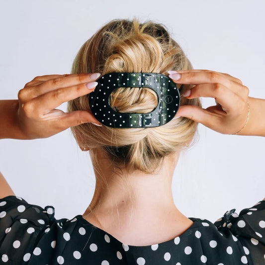 Black Polka Dot Party Large Flat Round Hair Clip - Large