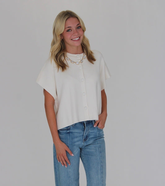 Cream Short Sleeve Button Top