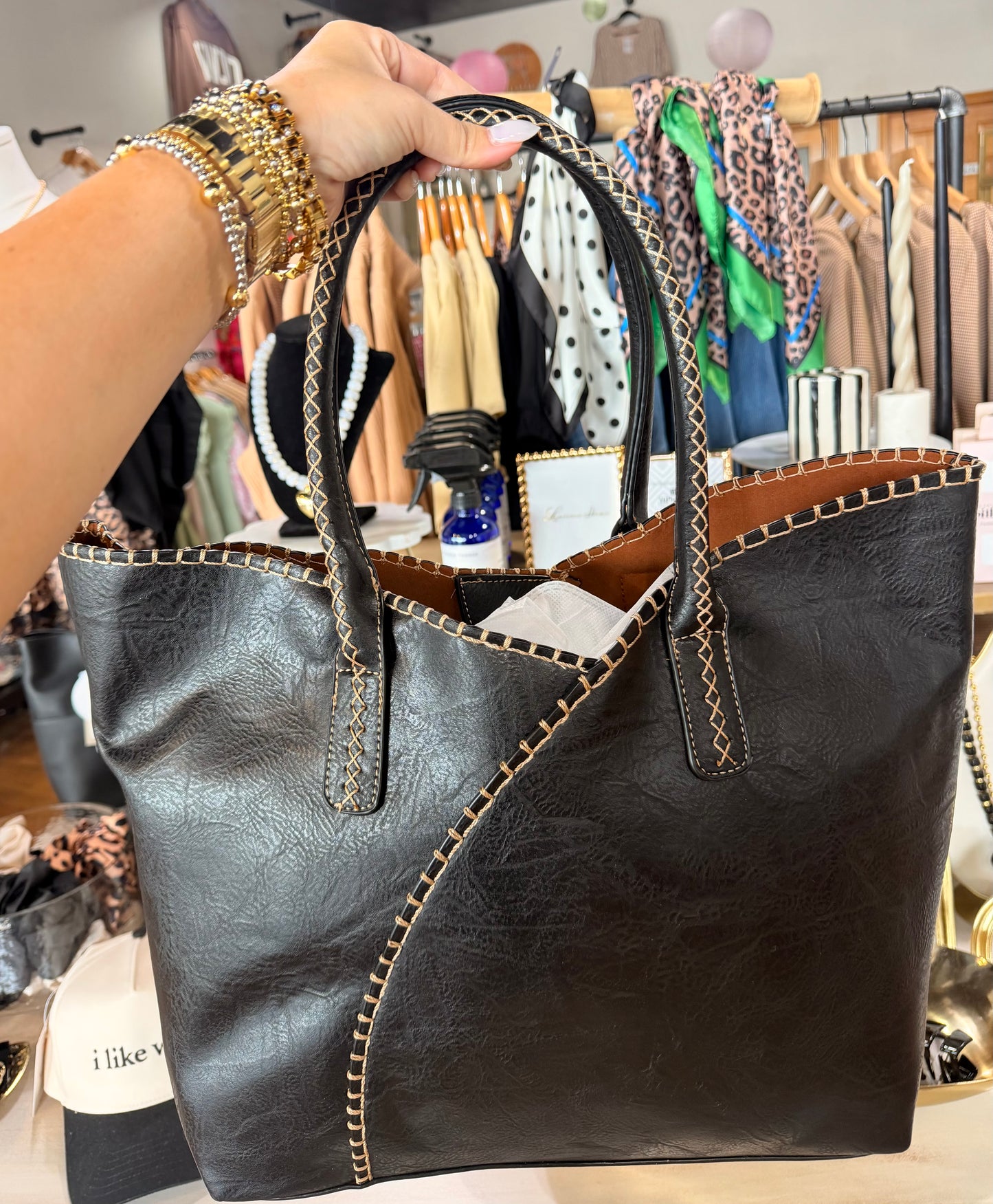 Black Contrast Stitch Tote Bag