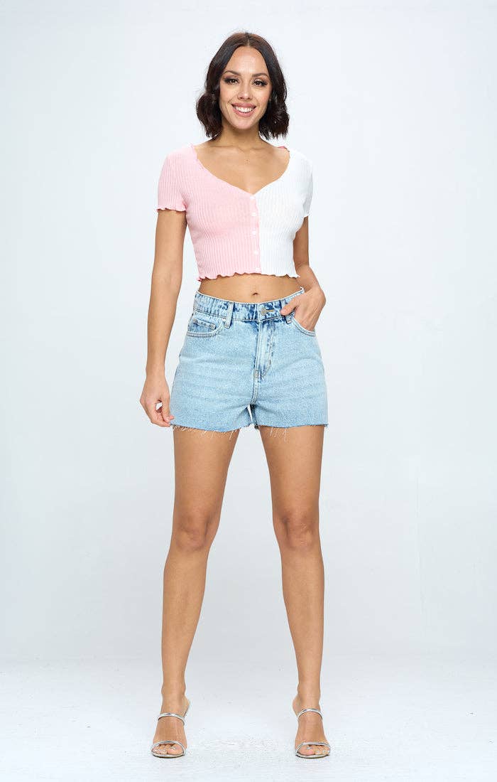 High Rise Frey Hen Denim Shorts- Light Wash