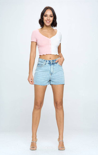 High Rise Frey Hen Denim Shorts- Light Wash