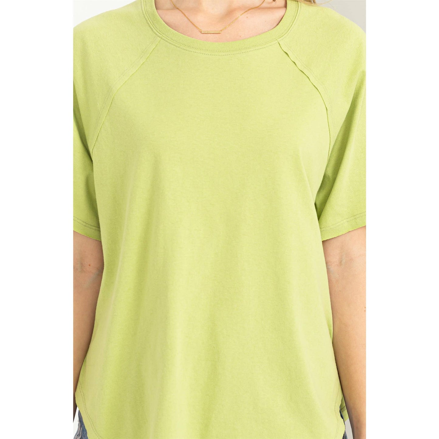 Round Neck Curved Hem Tee- Chartreuse