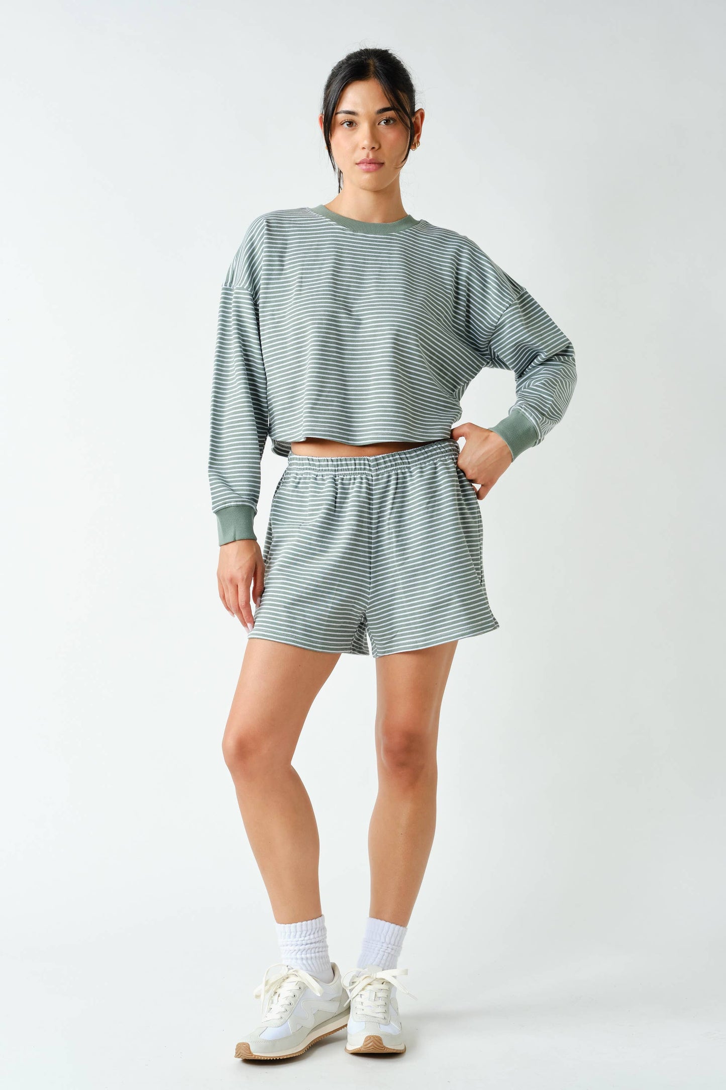 Boardwalk Stripe Crewneck Set- Sage