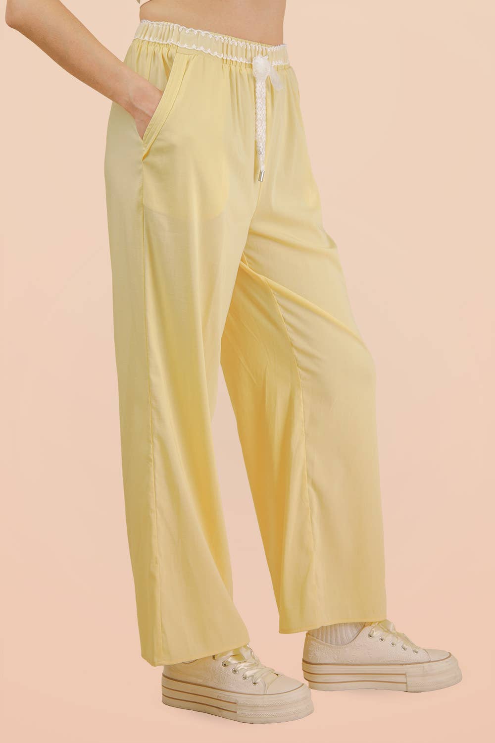 Lace Trim Detail Knit Pants- Butter Yellow