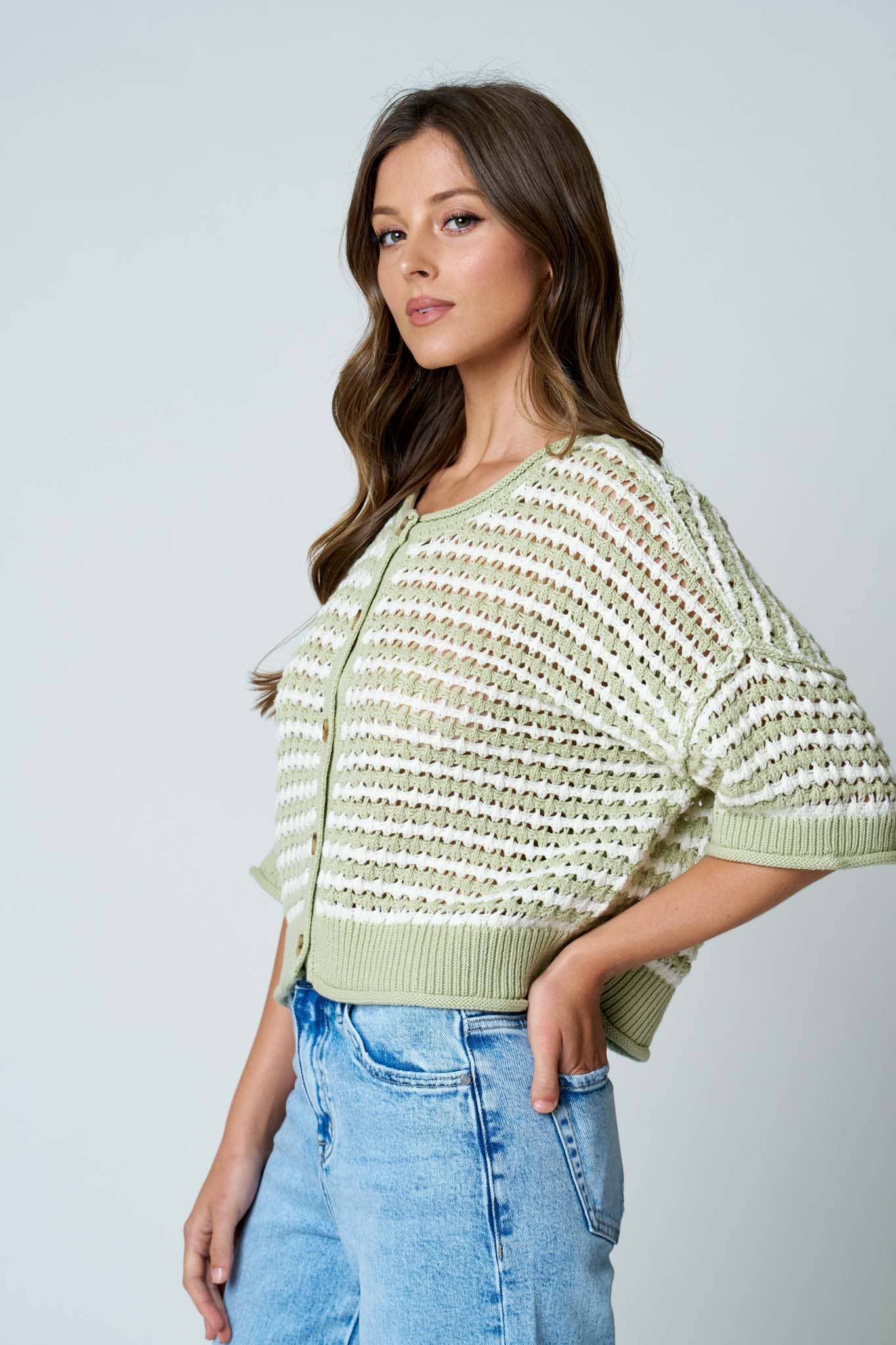 Crochet Knit Cardigan- Sage