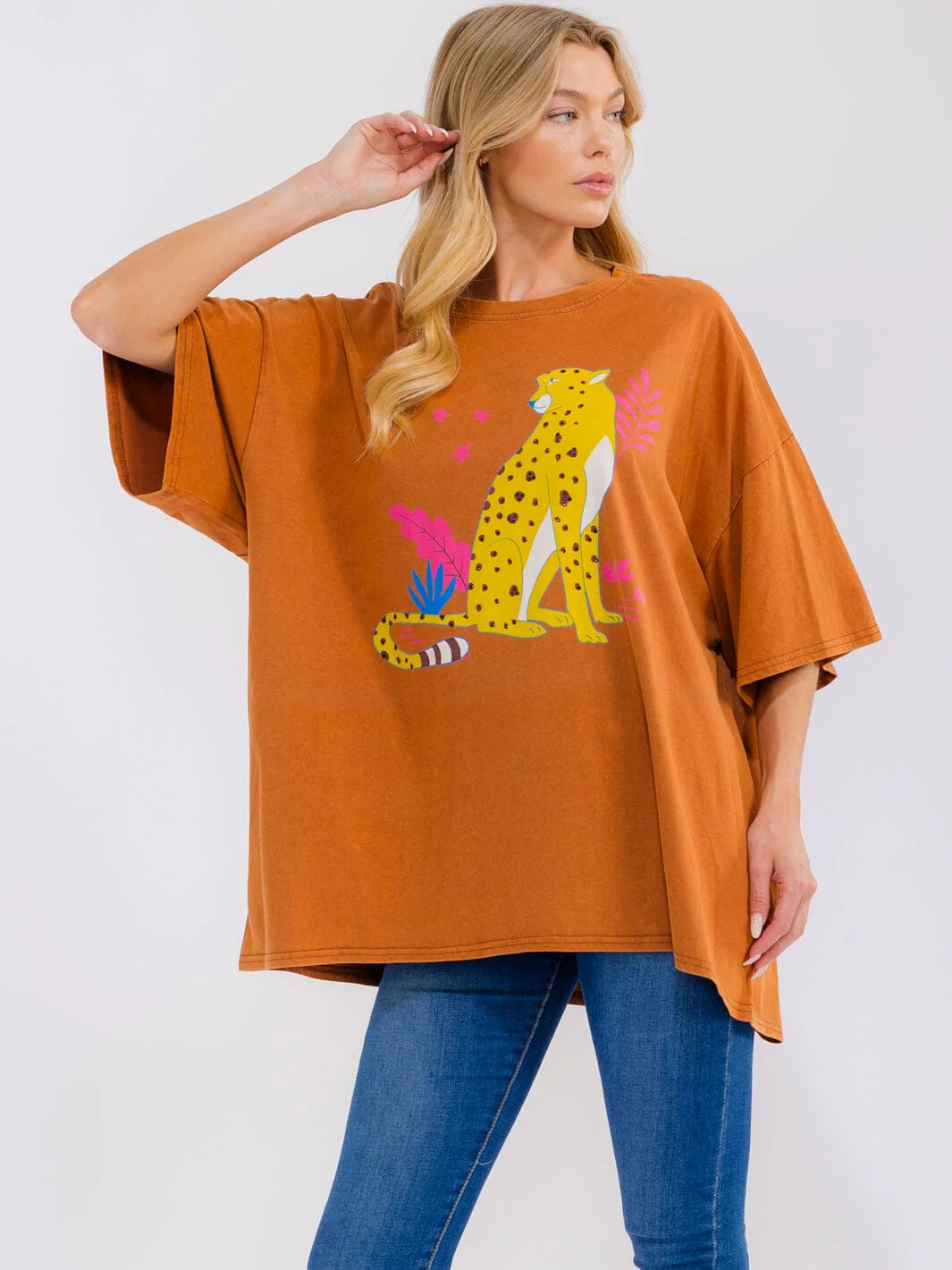 Leopard Rhinestone Oversized Tee- Rust