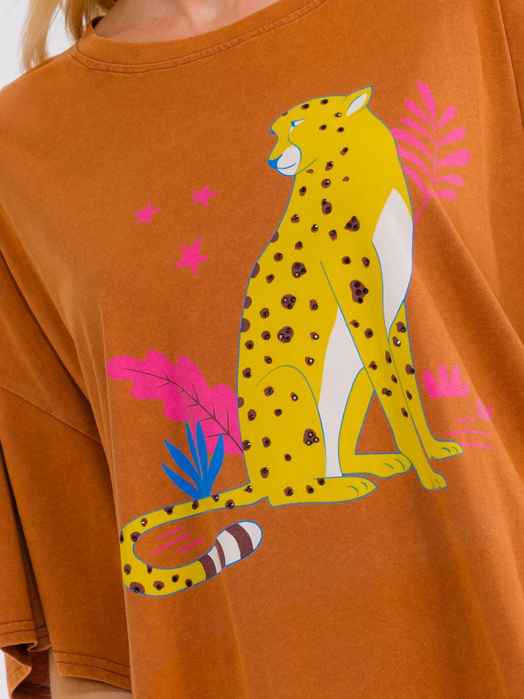 Leopard Rhinestone Oversized Tee- Rust