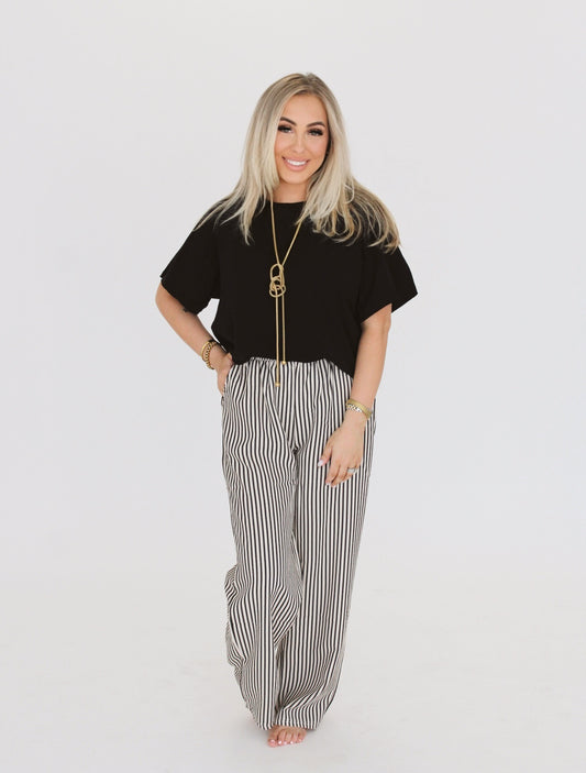 Striped Drawstring Pants - Black