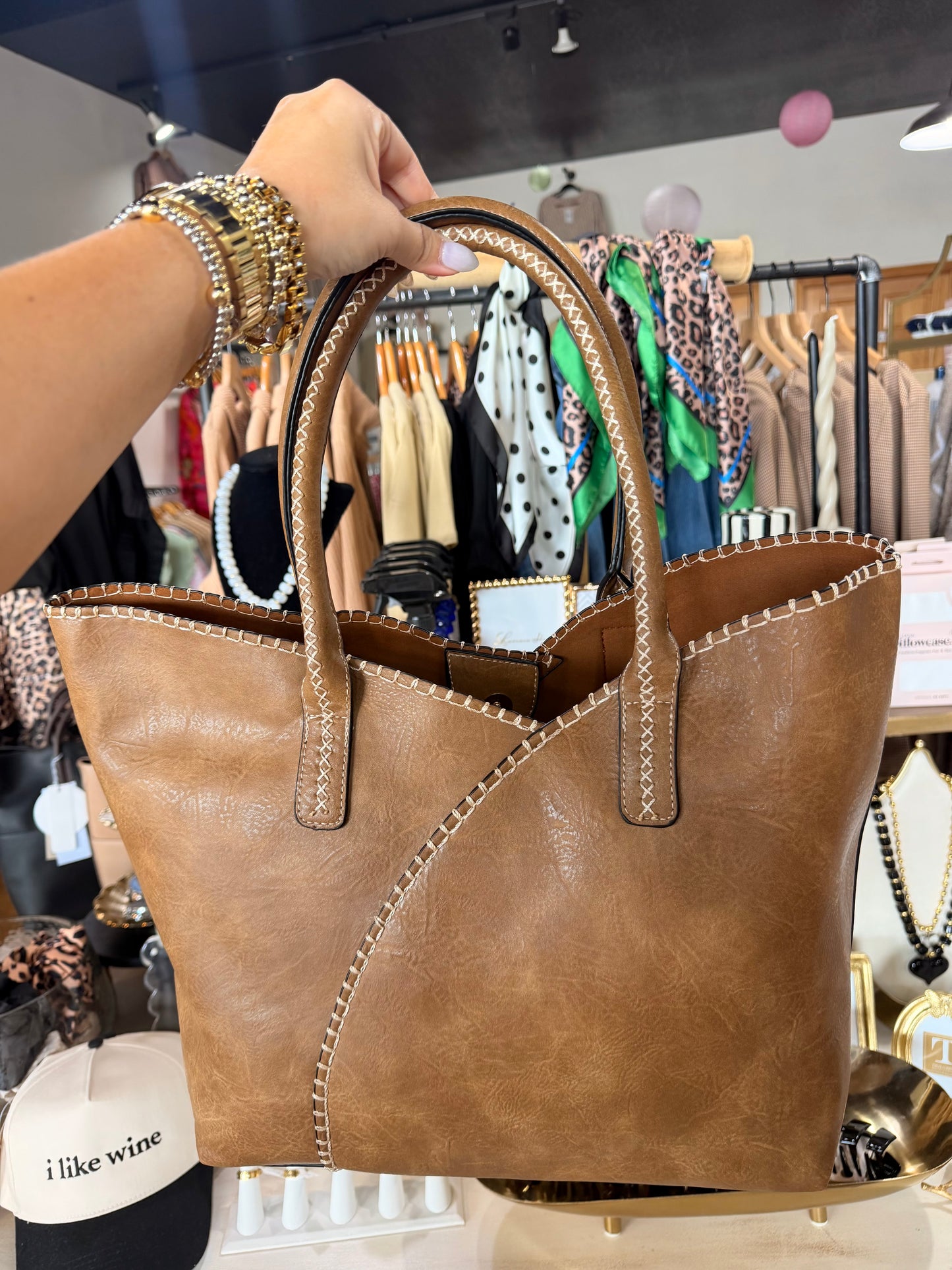 Brown Contrast Stitch Tote Bag