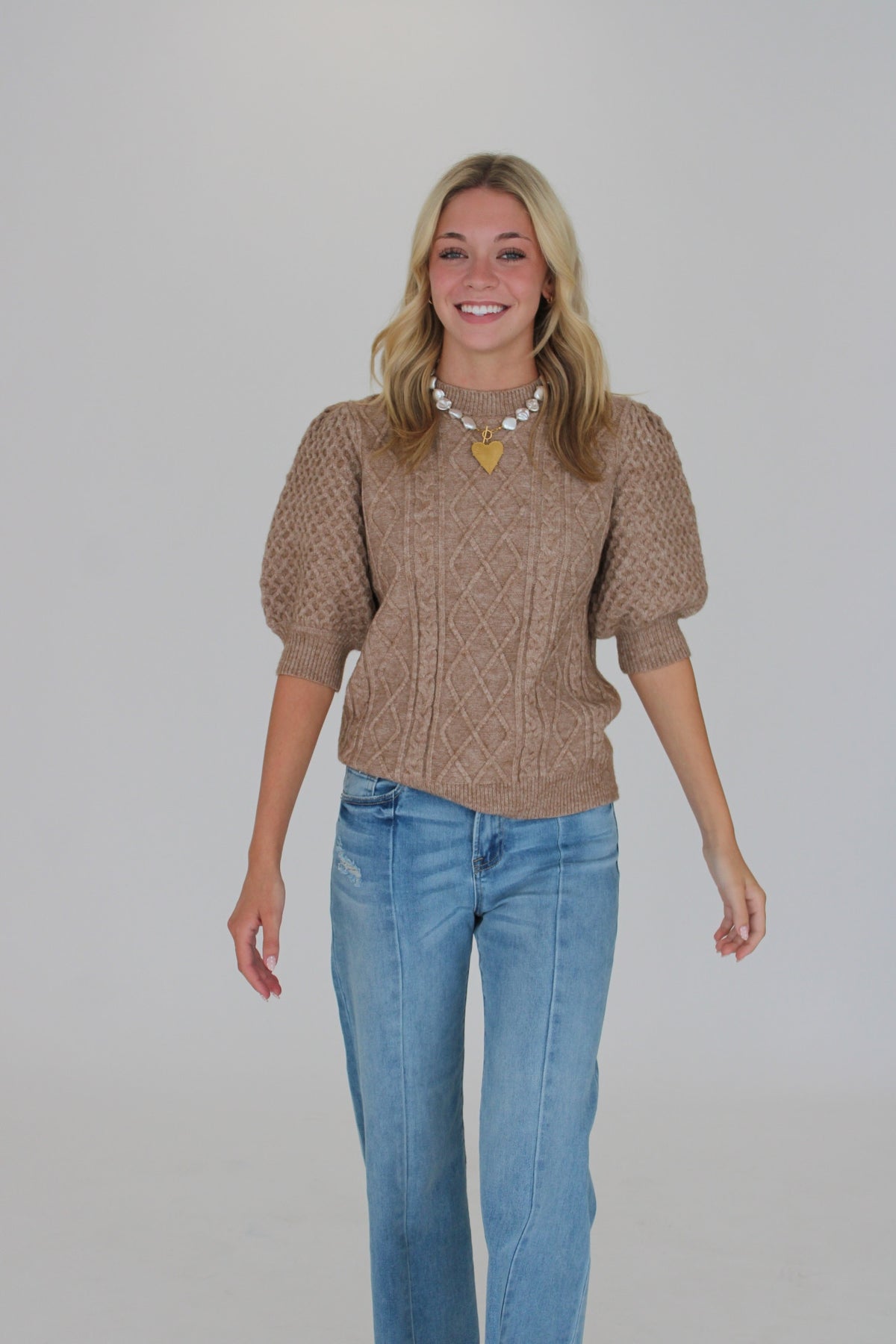 Aspen Cable Knit Puff Sleeve Top- Oatmeal