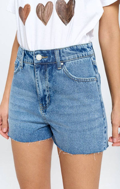 High Rise Frey Hem Denim Shorts- Medium Wash
