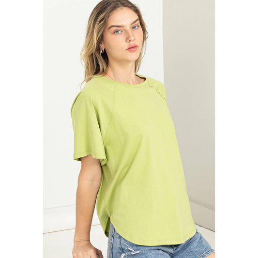 Round Neck Curved Hem Tee- Chartreuse
