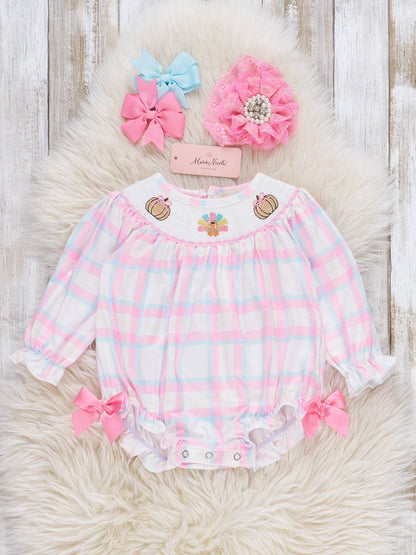 Plaid Smocked Embroidered Pumpkins & Turkey Bubble