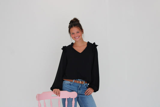 Windsor V Neck Blouse- Black