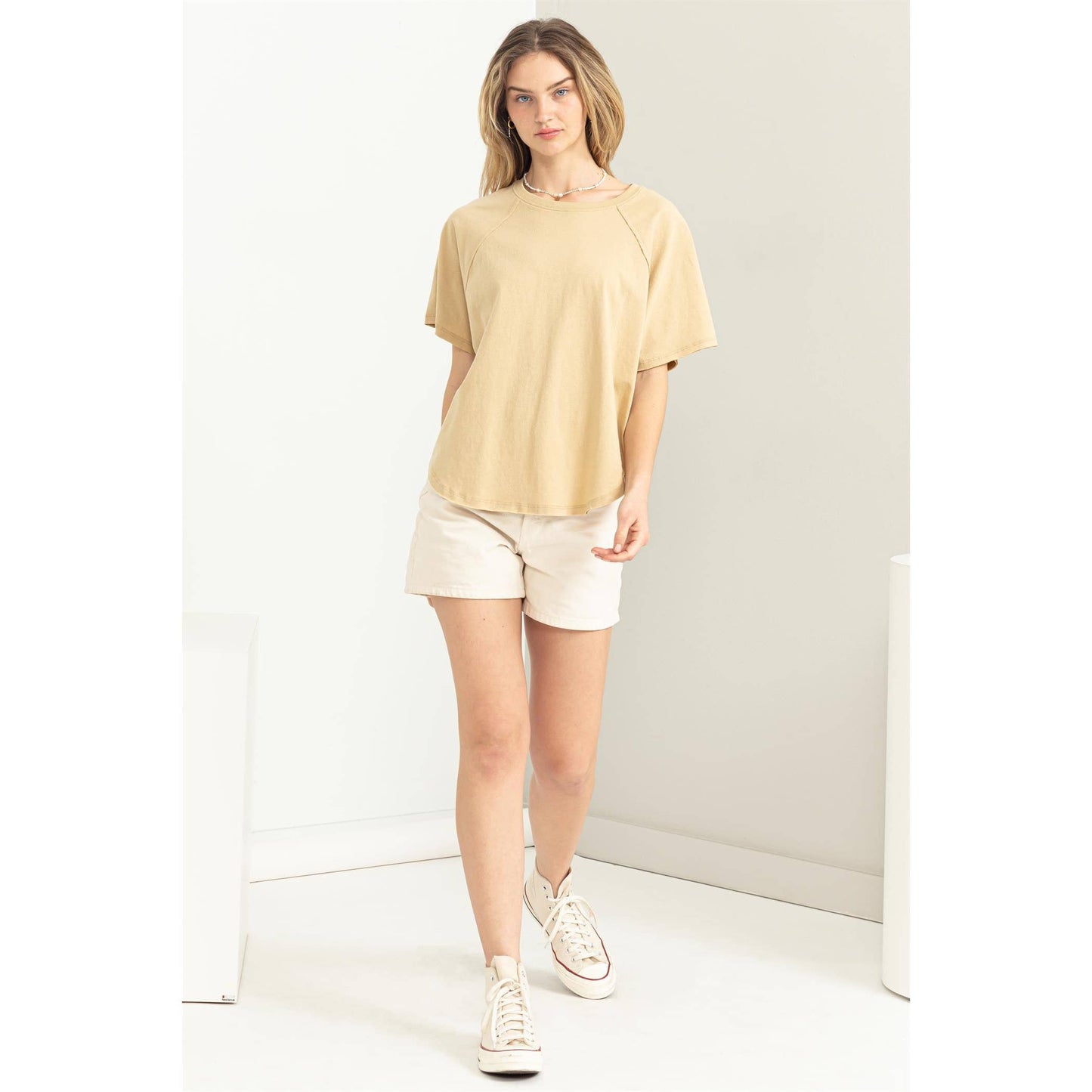 Round Neck Curved Hem Tee- Chartreuse
