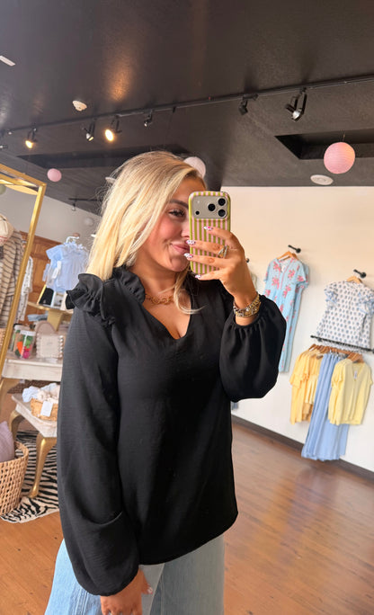 Windsor V Neck Blouse- Black
