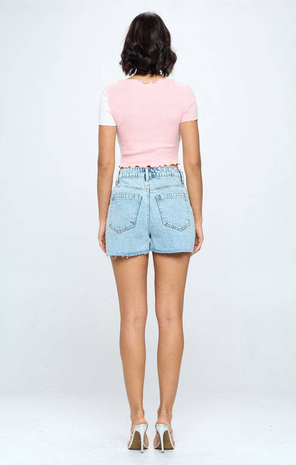 High Rise Frey Hen Denim Shorts- Light Wash