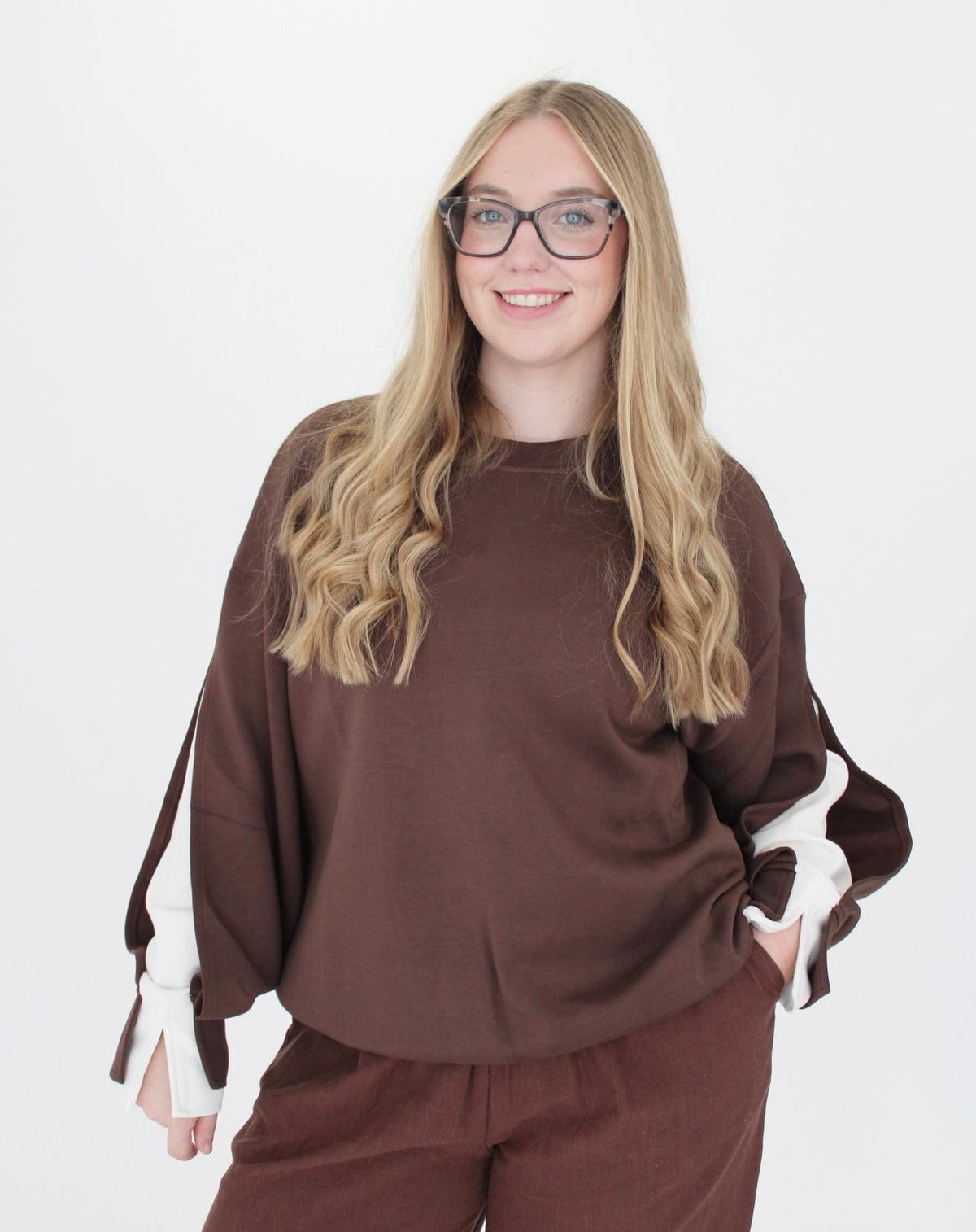 Scuba Two Toned Sleeve Top - Brown