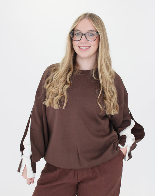 Scuba Two Toned Sleeve Top - Brown
