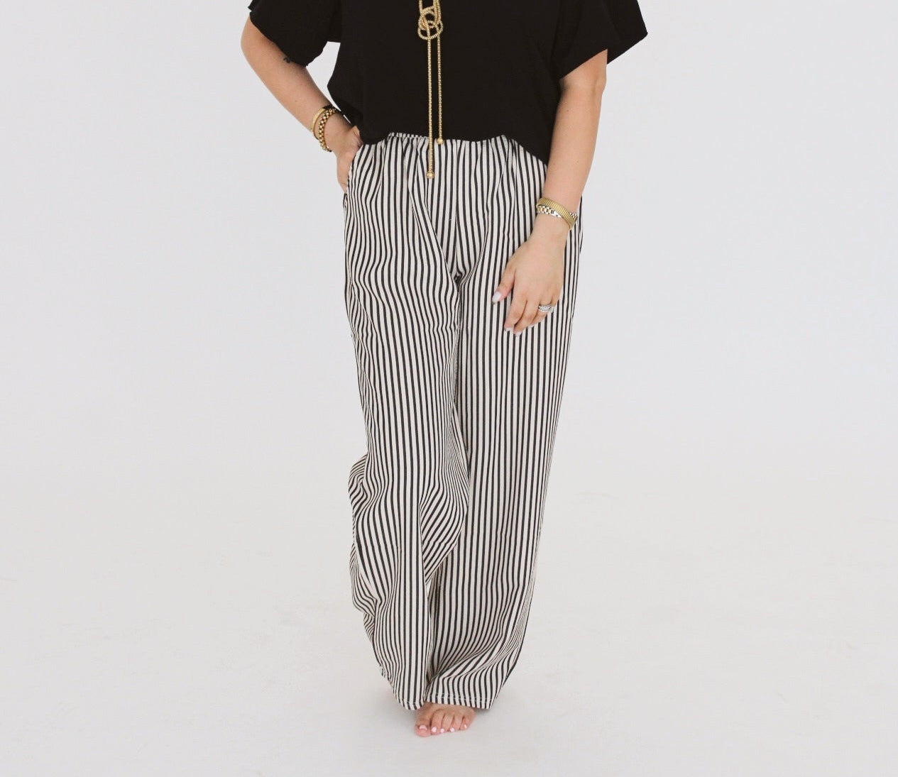 Striped Drawstring Pants - Black