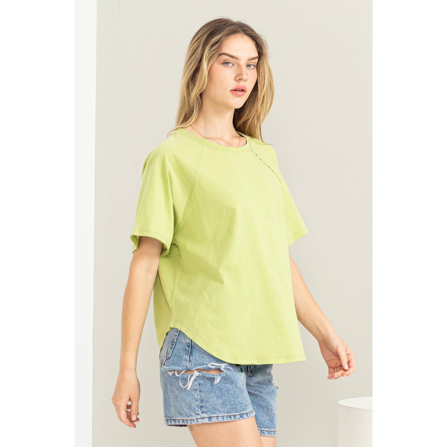 Round Neck Curved Hem Tee- Chartreuse