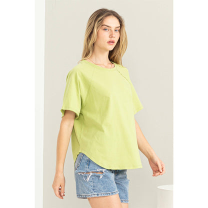 Round Neck Curved Hem Tee- Chartreuse