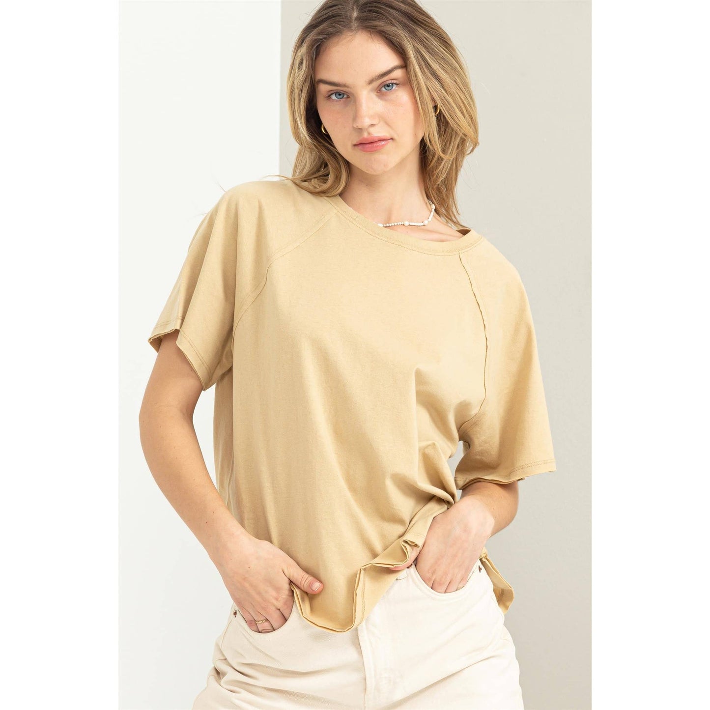 Round Neck Curved Hem Tee- Chartreuse