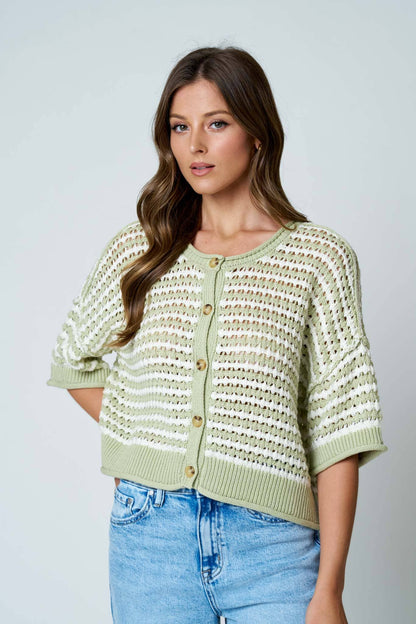 Crochet Knit Cardigan- Sage