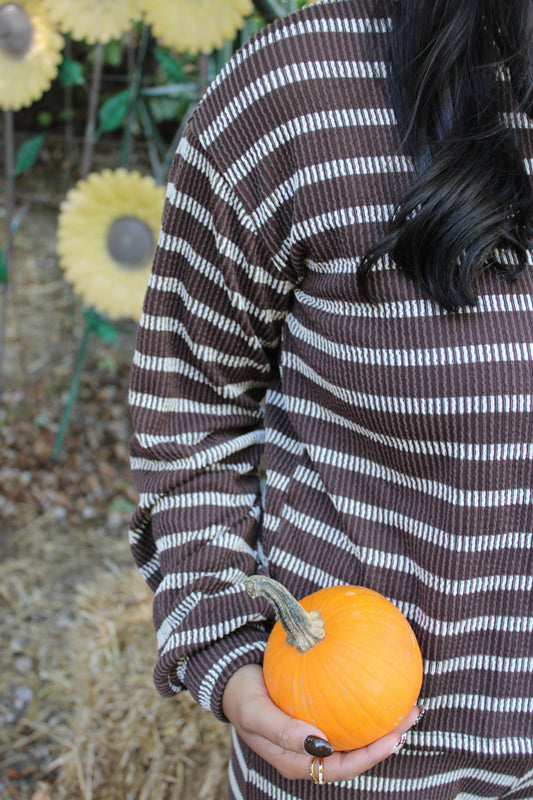 Long Sleeve Striped Set- Brown/Ivory