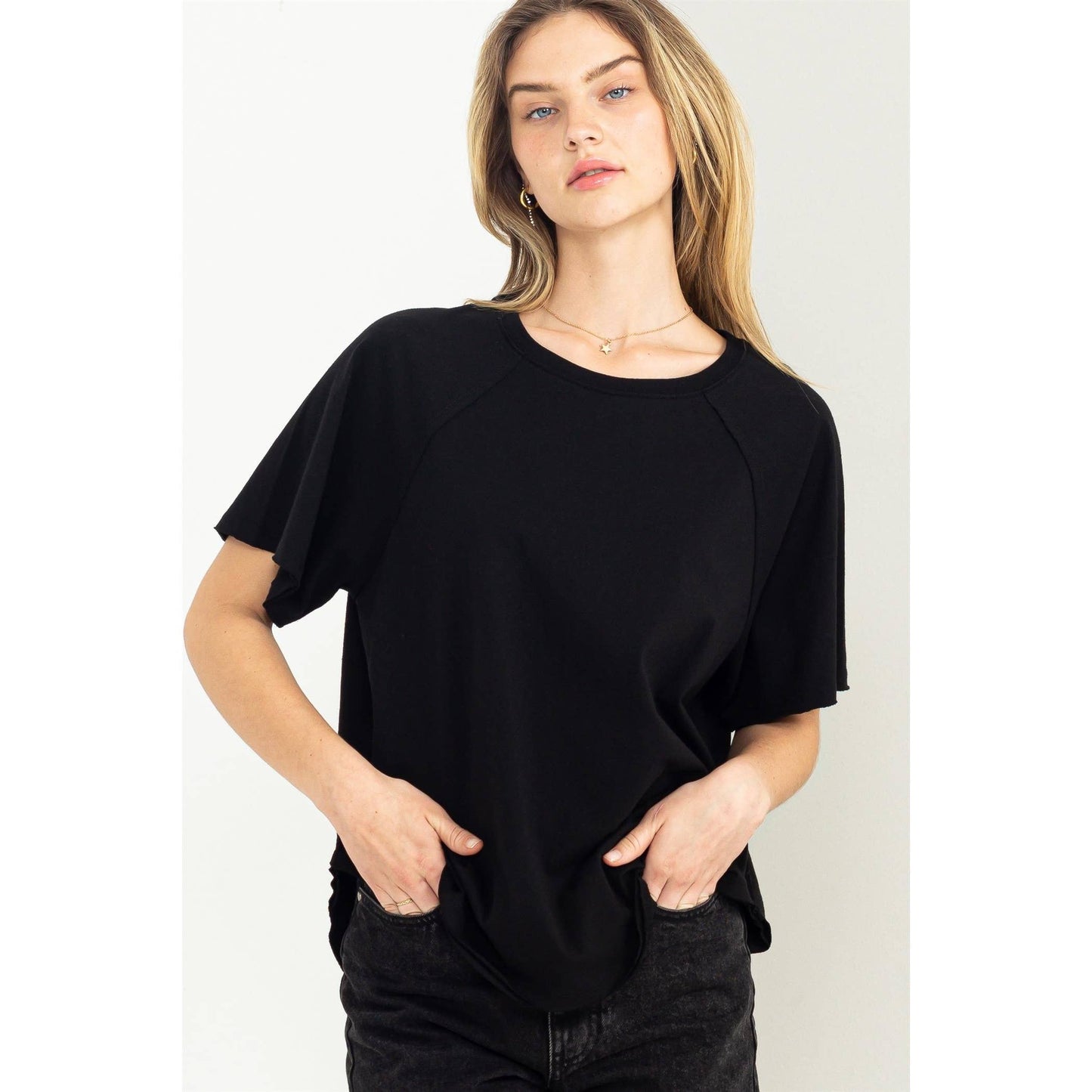 Round Neck Curved Hem Tee- Chartreuse