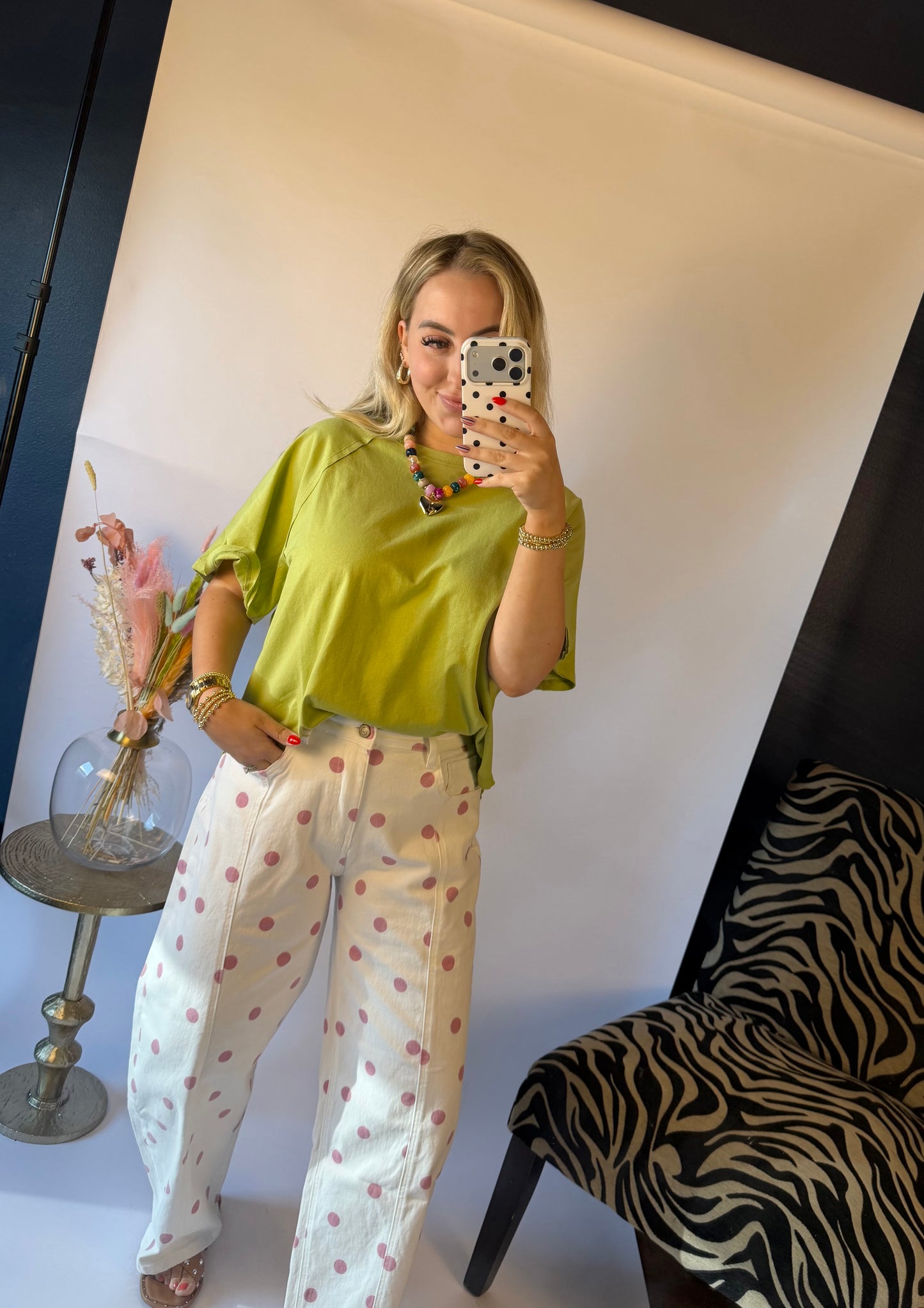 Pink Polka Dot Denim Pants