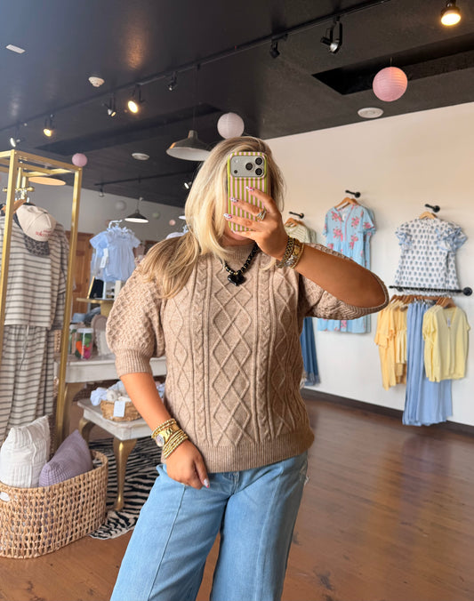 Aspen Cable Knit Puff Sleeve Top- Oatmeal