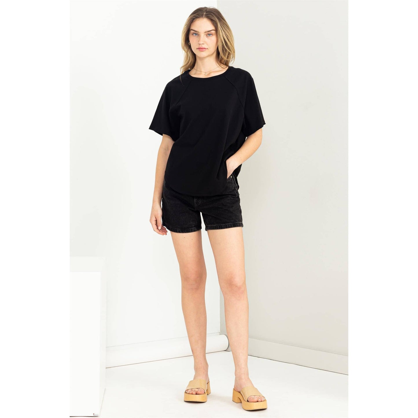 Round Neck Curved Hem Tee- Chartreuse