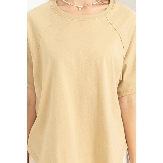 Round Neck Curved Hem Tee- Latte
